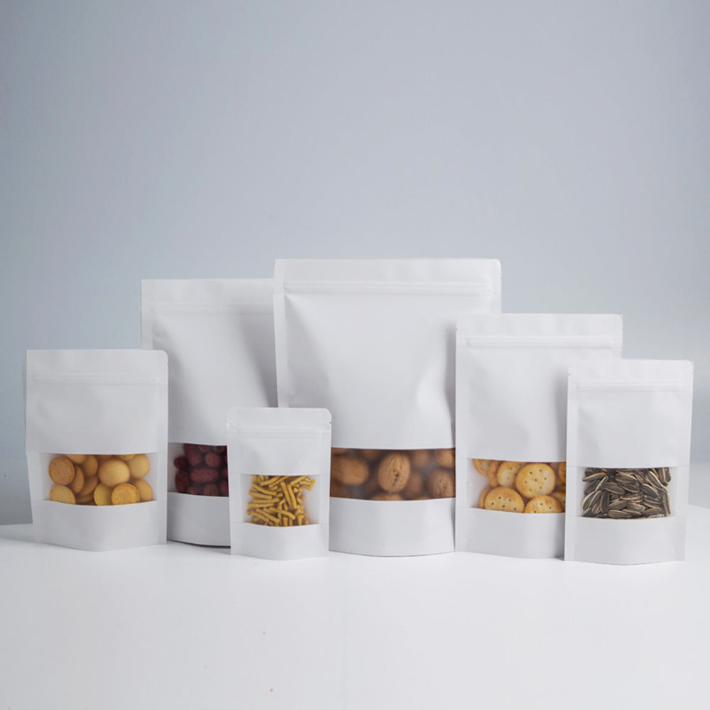 Heat Seal Kraft Paper Zipper Bag Custom Matte Stand Up Eco Reclosable Storage White Ziplock Bag With Window And Tear Notch