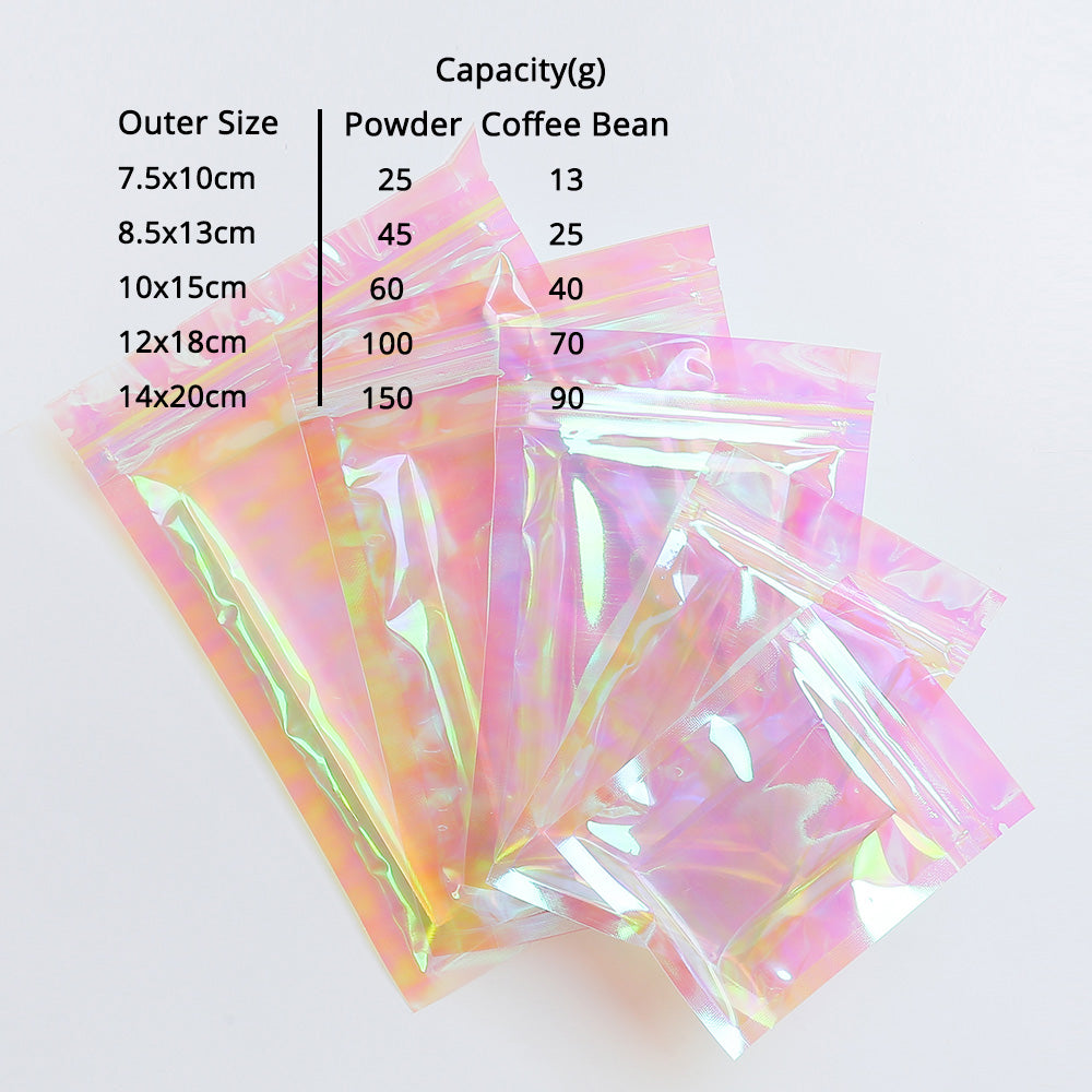 Custom Printed: Holographic Pink Flat Bottom Heat Seal Bag Plastic Mylar Packaging Zip Lock Pouch For Food Make up Storage