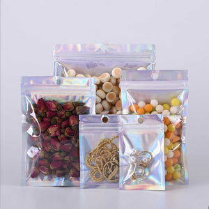 Eco Smell Proof Candy Packaging Bag Clear Front Holographic Silver Back Reusable Zip Lock Jewelry Storage Pouch