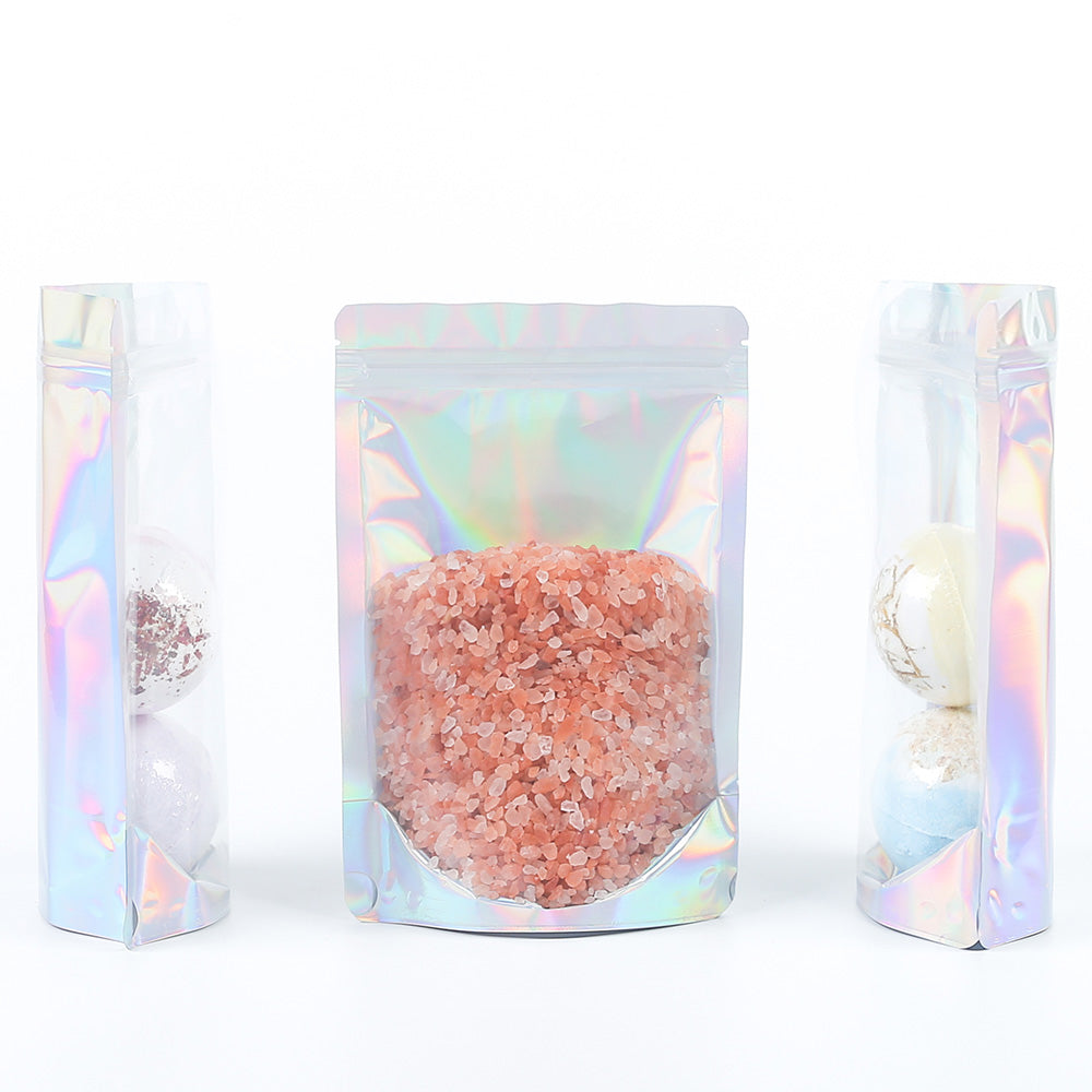 Custom Printed:Food Candy Sachet Smellproof Holographic Silver Translucent Plastic Bag Metallic Foil Stand Up Zipper Storage Pouch