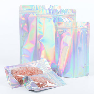 Food Candy Sachet Smellproof Holographic  Silver Translucent Plastic Bag Custom Metallic Foil Stand Up Zipper Storage Pouch