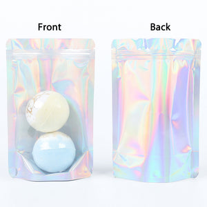 Food Candy Sachet Smellproof Holographic  Silver Translucent Plastic Bag Custom Metallic Foil Stand Up Zipper Storage Pouch