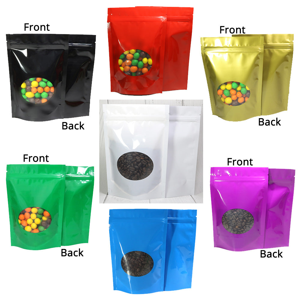 Custom Glossy Sealed Bag With Oval Clear Window And Tear Notch Metallic Foil Mylar Stand Up Household Storage Zip Lock Pouch