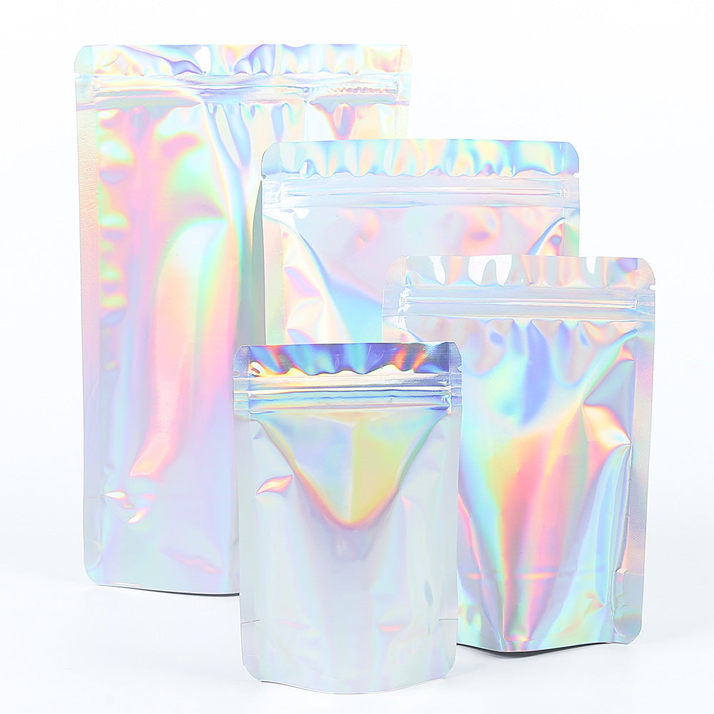 Custom Printed: Glossy Holographic Laser Silver Metallic Foil Mylar Zip Lock Bag Comestic Reusable Stand Up Eco Storage Pouch
