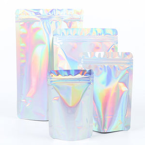 Custom Printed: Glossy Holographic Laser Silver Metallic Foil Mylar Zip Lock Bag Comestic Reusable Stand Up Eco Storage Pouch