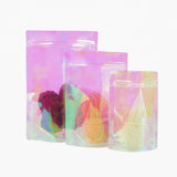 Custom Printed:Plastic Mylar Bag Glossy Holographic Pink Cosmetic Jewelry Candy Storage Zip Lock Pouch Resealable Polybag