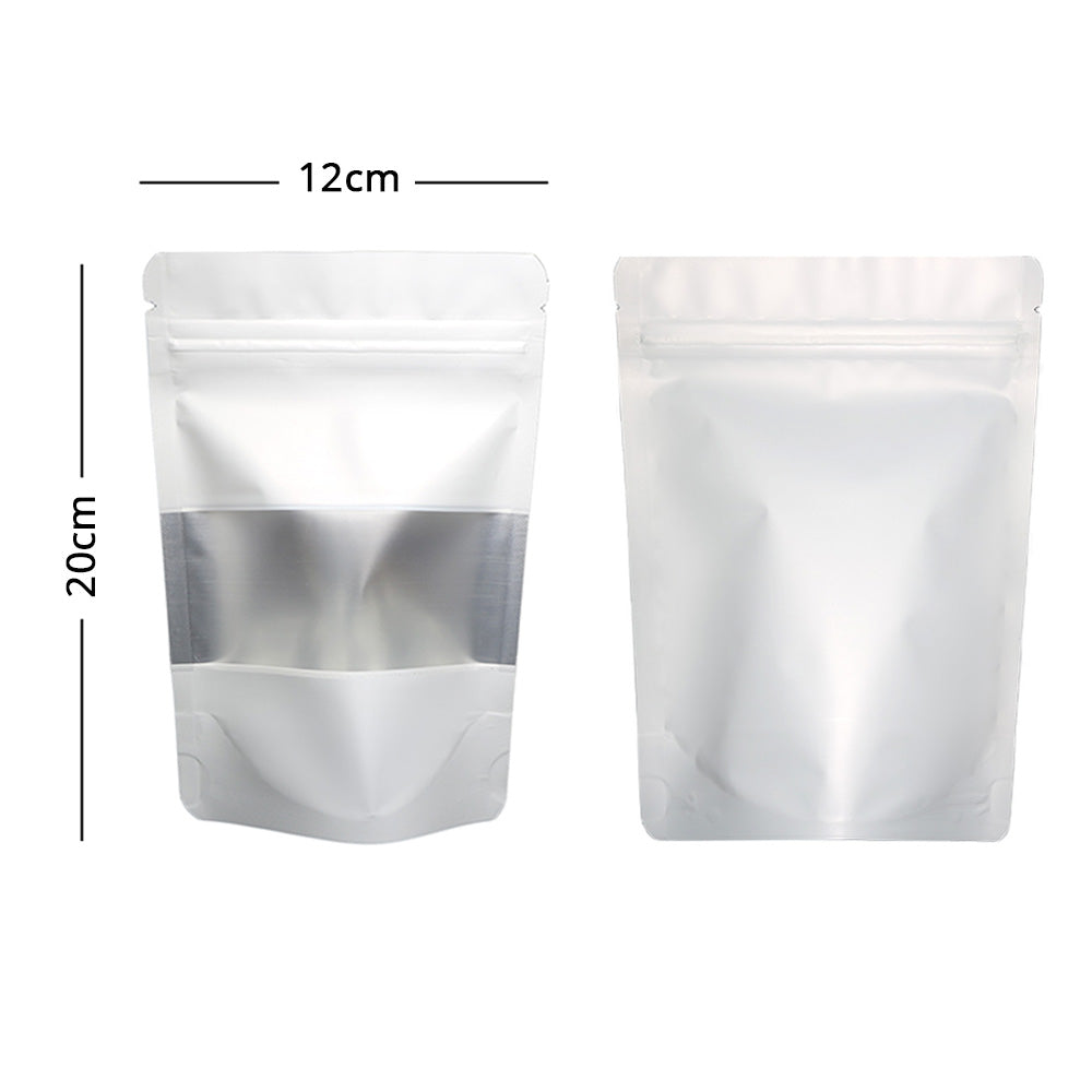 White Stand up Pouches / 50 Self Standing Product Storage Packaging Bags  With Window, Resealable Reusable Zip Lock / Heat Sealable 